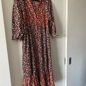 Zara Red and Black Floral Long Sleeve Dress